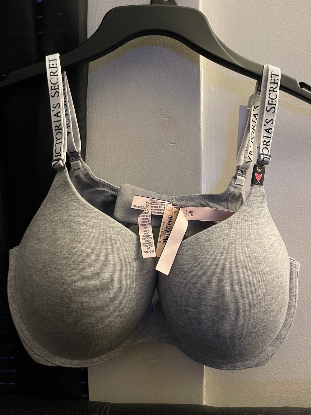 Victoria's Secret Htr Gray T-Shirt Pushup F/C Bra W/Branded Straps Sz 38C NWT
